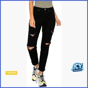 Boyfriend Jeans with Destructed Blown Knee and Rolled Cuff